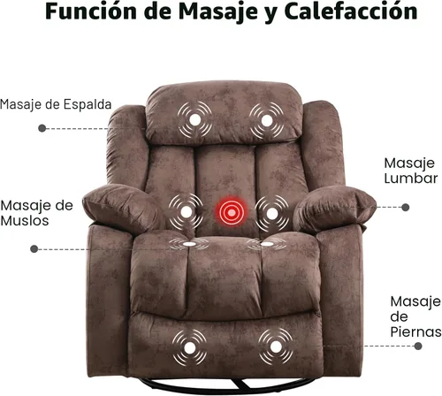 Miniatura 7 de CANMOV Sillón Mecedora Reclinable de Masaje con Calor y Vibración, Giratorio Manual de 360 Grados, Tela Antideslizante, Sofá Individual de Servicio