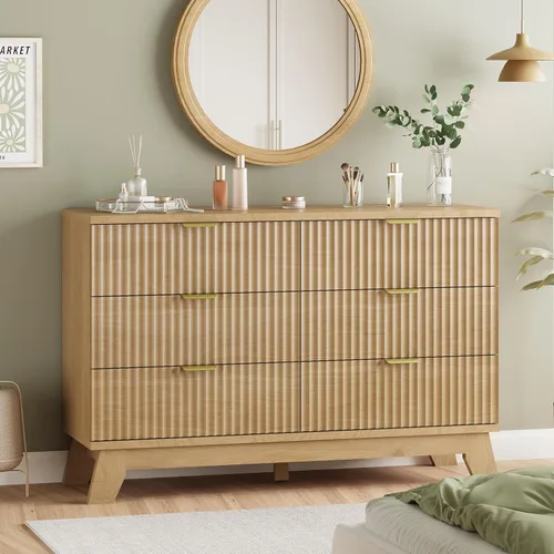 Xixini - Cómoda moderna de madera acanalada para dormitorio, sala estar, pasillo o armario, para organizar y almacenar ropa o soporte de TV, 6 Roble
