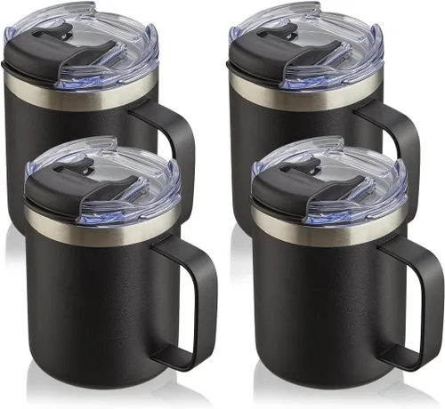 Miniatura 24 de Taza de café aislada de 12 onzas con asa, taza de café de viaje de acero inoxidable con tapa abatible, vaso de café de doble pared con aislamiento