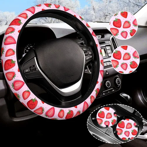 Miniatura 16 de Funda para volante de camuflaje verde para mujeres y hombres con 2 posavasos de automóvil, fundas universales de 14.5 a 15 pulgadas, accesorios