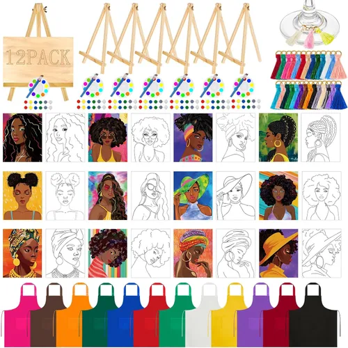 Xtinmee Juego de 12 juegos de pintura y sorbo para adultos, lienzo predibujado, juego de pintura de lienzo para niñas afro predibujadas, kit