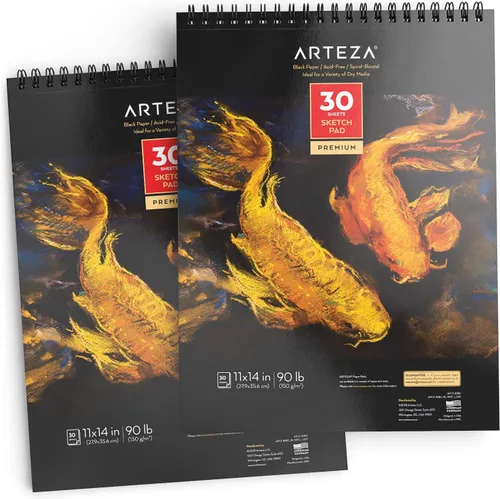 ARTEZA Cuaderno de bocetos en espiral de 11 x 14 pulgadas, bloc de dibujo de papel de arte negro, paquete de 2 unidades de 30 hojas para dibujar