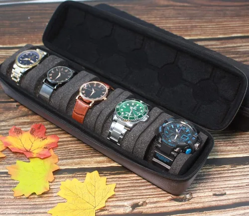 Miniatura 7 de AUKURA Estuche de viaje para reloj duro caja de almacenamiento y organizador de 5 ranuras para hombres y mujeres con almohada de reloj antimovimiento