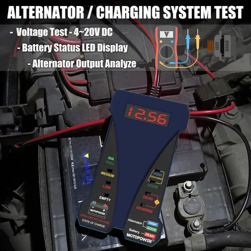 Miniatura 2 de MOTOPOWER MP0514B - Voltímetro digital de batería de 12 V y analizador de sistema de carga con pantalla LCD e indicación LED, pintura de caucho azul