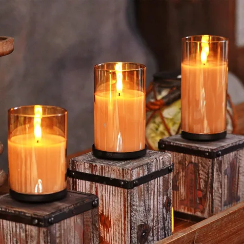 Miniatura 4 de Homemory juego de 3 velas sin llama de vidrio ámbar, velas LED acrílicas que funcionan con pilas, con control remoto y temporizador, Velas Radiance