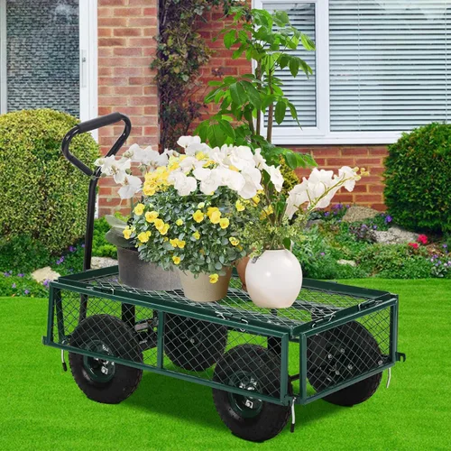 Miniatura 5 de Carrito de jardín de acero resistente, carrito utilitario para patio, carrito utilitario para césped al aire libre con lados extraíbles y ruedas