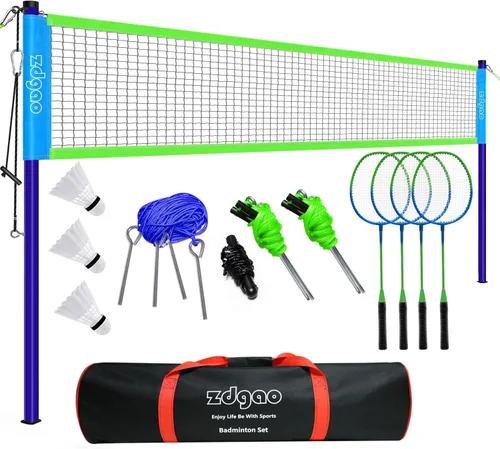 Zdgao Juegos de bádminton para patio trasero, red de bádminton portátil con ajustador de tensión, juego de 4 raquetas de bádminton, 3 volantes de