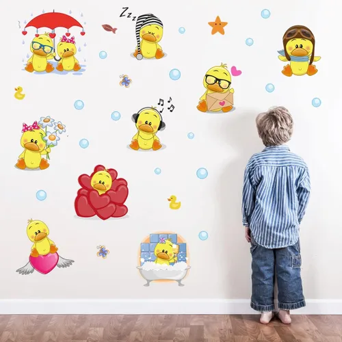 Miniatura 7 de Calcomanías de pared de lindo pato amarillo para despegar y pegar, juego de calcomanías de pared de pequeño pato amarillo y burbujas, calcomanías