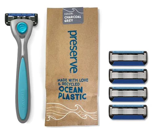 Preserve POPi Shave 5 - Sistema de maquinilla de afeitar fabricado con plástico océano reciclado, gris carbón y Preserve POPi Shave 5 cartuchos de
