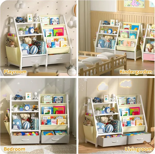 Miniatura 7 de Estantería para niños y organizador de juguetes Twinkoo, estante resistente de 3 niveles, estantería con bandeja y 2 contenedores de juguetes, Gris