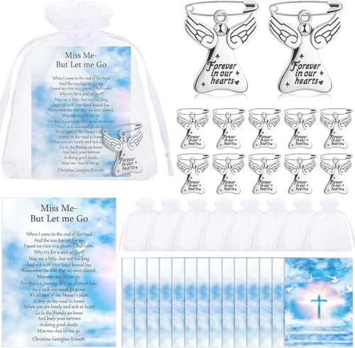 SATINIOR 100 juegos de recuerdos fúnebres, alfileres conmemorativos de ángel de celebración de la vida con tarjetas de oración, bolsas de organza