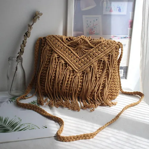 Miniatura 2 de Bolso de hombro de algodón hecho a mano para mujer, con solapa, con flecos, con borlas, tejido a mano, bohemio