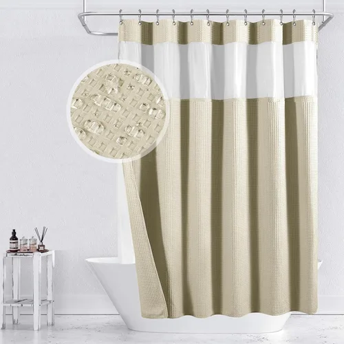 Miniatura 16 de Yimobra Juego de cortinas de ducha de tejido gofre con forro de tela a presión, tela pesada con 12 ganchos, impermeable y lavable, ventana superior