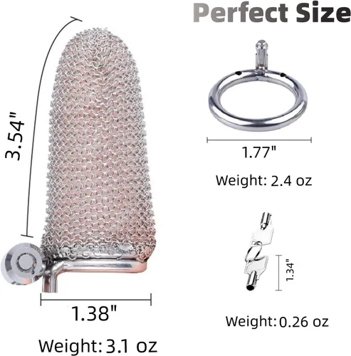Miniatura 2 de Jaula de castidad masculina, dispositivo de castidad de malla metálica flexible para el pene con anillo de 1.772 in, juguete sexual para adultos