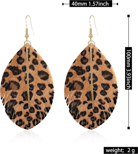 Miniatura 4 de Aretes grandes de cuero genuino suave hechos a mano con flecos, hoja ligera con barra de metal simple, lágrima, color para mujeres y niñas