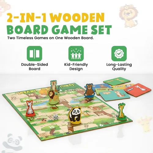 Miniatura 2 de Juegos de mesa de madera 2 en 1 para niños y familias – Juego de mesa Ludo de madera premium y juego de mesa de serpientes y escaleras Juego