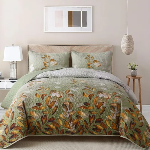 Miniatura 14 de WONGS BEDDING Juego de edredón floral tamaño Queen, 3 piezas, colcha con hojas botánicas en color agua, juego de edredón con 2 fundas de almohada