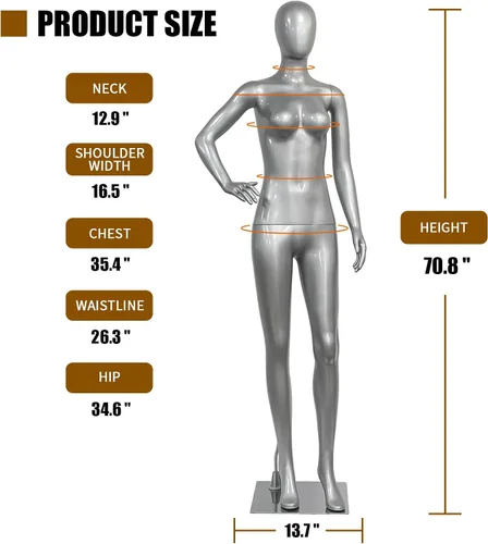 Miniatura 5 de Forma de maniquí femenino de cuerpo completo de plata brillante de 70.8 pulgadas, brazos giratorios desmontables de 360° con base de metal Plateado