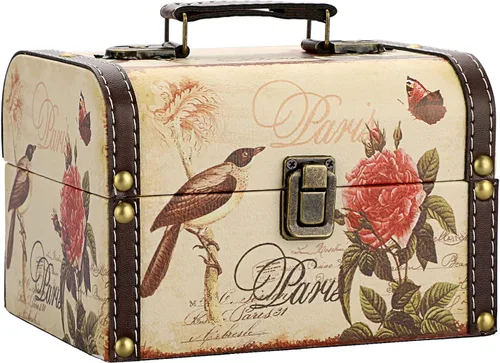 ELLDOO Cofre decorativo del tesoro, caja de almacenamiento de madera + piel sintética para joyas, caja de recuerdos para niñas y mujeres (patrón de