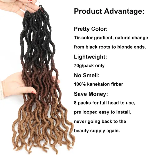 Miniatura 4 de Eliza - Extensiones de cabello trenzado sintético, de rizos gitanos, ondulados, teñido degradado estilo ombre, 8 paquetes/lotes, 100 % kanekalon