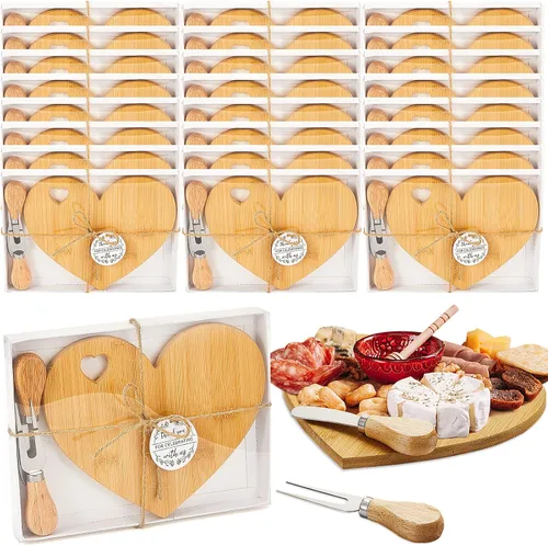 Miniatura 9 de Patelai Juego de 12 Tablas de Queso para Ducha de Soltera, Favores de Corazón, Tablas Mini de Charcutería, Cuchillos de Queso de Madera, Caja