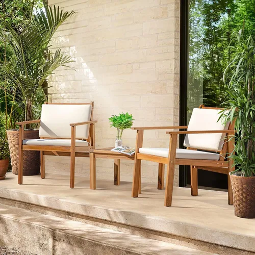 Miniatura 2 de Greesum Juego de 3 sillas de chat para exteriores con cojines resistentes al agua y mesa auxiliar para playa, patio trasero, jardín, beige Blanco
