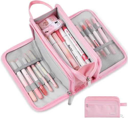 Miniatura 17 de Sooez Estuche grande para lápices, bolsa para lápices de gran capacidad con 3 compartimentos, organizador portátil de artículos de papelería de lona