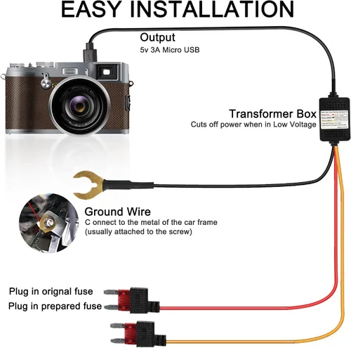 Miniatura 4 de MEIRIYFA Kit de cable duro Acc para salpicadero, cable micro USB, cable reductor, 12V-24V a DC 5V 3A, cable de alimentación para coche, cámara