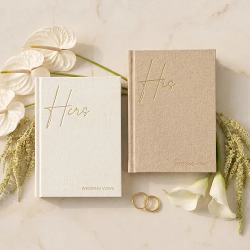 Elegantes libros de votos de boda de lino con letras de lámina dorada, libros de juramentos de tamaño perfecto para él y para ella con muchas