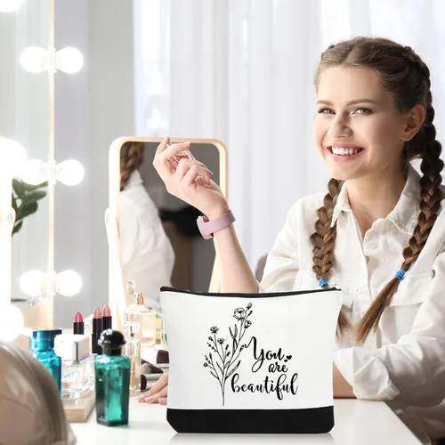 Miniatura 7 de Coume 10 Piezas Bolsas de Maquillaje de Lona de Flores Bohemias al Por Mayor, Bolsas de Cosméticos con Citas Inspiradoras Estéticas en Blanco