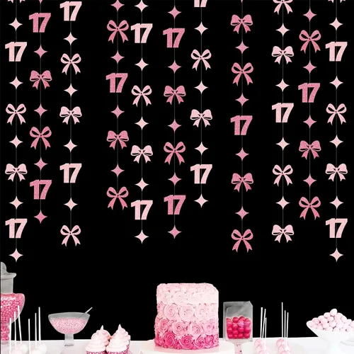 Miniatura 8 de Decoraciones negras de cumpleaños número 17, guirnalda de estrellas y círculos, telón de fondo para niñas y niños, vítores a 17 años de edad