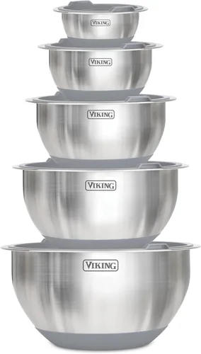 Juego de tazones para mezclar Viking, 10 piezas de utensilios de cocina de acero inoxidable, base de silicona antideslizante, incluye tapas de Gris