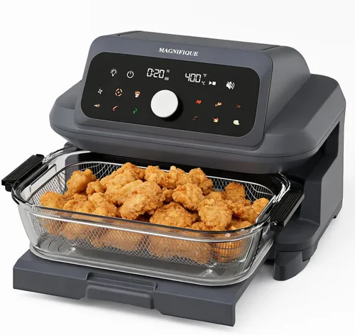 MAGNIFIQUE - Freidora de aire de 6 cuartos de galón de gran capacidad, horno freidora de aire de vidrio no tóxico, pantalla táctil digital 12 en 1,