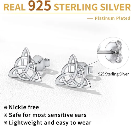 Miniatura 4 de ChicSilver Aretes de nudo celta hipoalergénicos de plata de ley 925 con forma de corazóntriángulo, joyería celta para mujer, plataorooro rosa