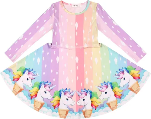 Miniatura 4 de LaBeca - Vestido sin mangas o de manga larga para niñas, vestidos informales con diseño de unicornio o sirena para niñas pequeñas o grandes