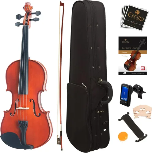 Miniatura 18 de Violín Mendini de madera sólida, libro de lecciones, cuerdas extra, sintonizador violín, arco y estuche, Blanco