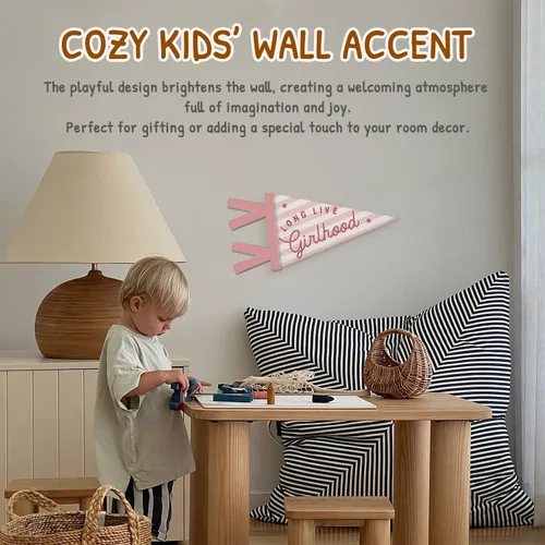 Miniatura 5 de Decoración de guardería para bebé, larga vida de la niña, bandera colgante de pared para niña, decoración de pared a rayas rosas para guardería