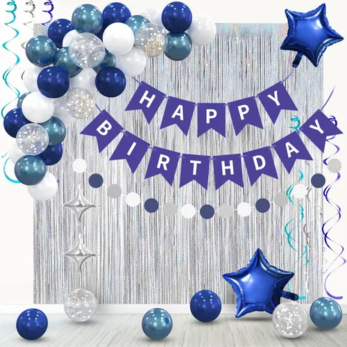 Decoraciones de fiesta de cumpleaños de color azul marino, paquete de pancarta de feliz cumpleaños con cortina de aluminio plateada, juego de globos