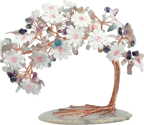 Miniatura 10 de mookaitedecor Árbol de cristal aguamarina natural con base de ágata, árbol de dinero floral de encaje bordado para decoración de escritorio