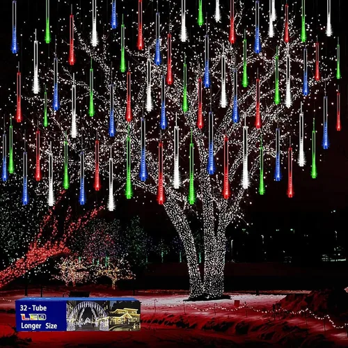Decoración de Navidad al aire libre, 32 tubos de luces de lluvia de meteoritos para exteriores e interiores, luces en cascada de carámbano de nieve