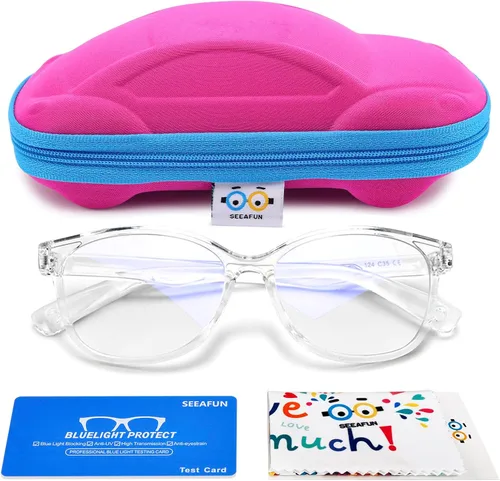 Miniatura 15 de Gafas de luz azul para niños y niñas con bonita funda de automóvil, protección UV400, antirayos azules, edades de 3 a 12 años Azul transparente