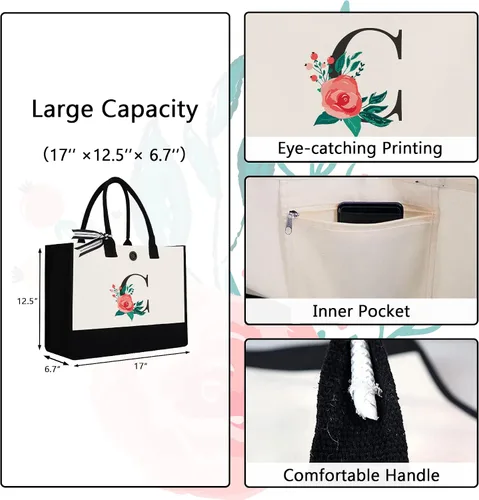 Miniatura 56 de Bolsa de lona con inicial, regalos de cumpleaños personalizados para mujeres, madres, amigas y profesoras, bolsas de mano con monograma adecuadas