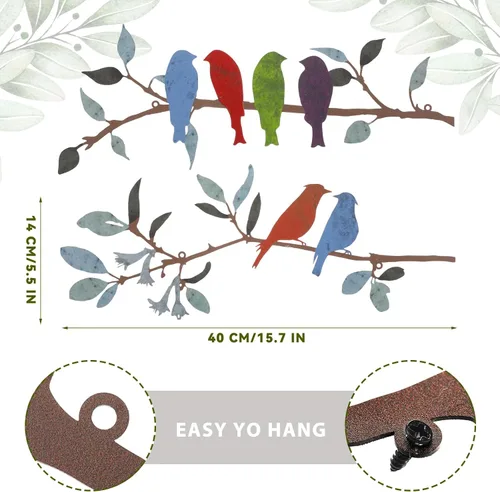 Miniatura 2 de Demissle 2 piezas de arte de pared de pájaros de metal, pájaros vivos en rama con hojas, decoración de pared rústica, impermeable, escultura