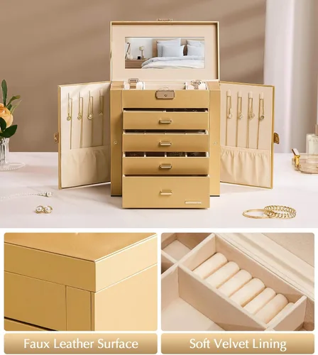 Miniatura 69 de Homde Regalos de Navidad de cuero sintético, enorme joyero, organizador de reloj con espejo, collar, anillo y aretes, estuche de regalo con Dorado