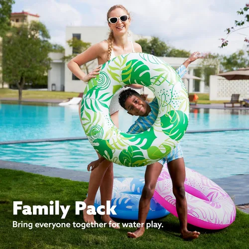 Miniatura 2 de JOYIN Paquete de 3 flotadores de piscina, tubo de piscina para niños anillos de natación tubos inflables, anillos flotantes de hojas tropicales