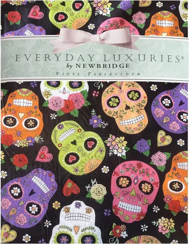 Miniatura 2 de Newbridge Mantel de vinilo con parte trasera de franela para fiesta y fiesta de calavera de azúcar, mantel de vinilo con máscara de esqueleto otomí