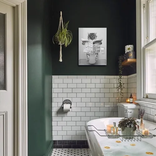 Miniatura 4 de Divertido lienzo de pared de gato en blanco y negro, decoración moderna de pared de baño, gato sentado en el inodoro, lectura de periódicos, pintura