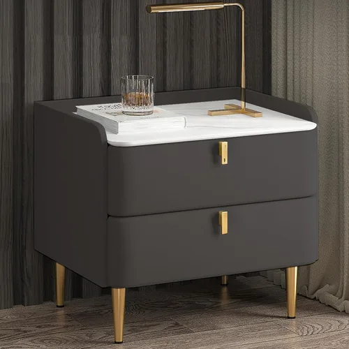 Miniatura 9 de WOLWES Mesita de noche, mesa auxiliar con almacenamiento, mesita de noche de madera maciza con 2 cajones, parte superior de mármol sintético