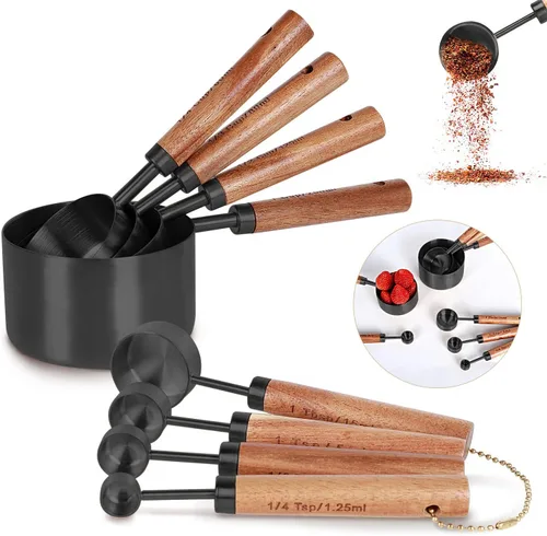 Colección Juego de 8 Piezas de Tazas Medidoras Negras y Cucharas Medidoras, Doradas con Mangos de Madera Fragante - Juego Completo de Tazas
