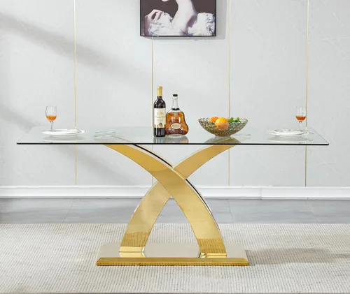 Miniatura 10 de Mesa de comedor de vidrio de 70 pulgadas para 4-8 personas, parte superior de vidrio templado y base de acero inoxidable en U dorada, escritorio